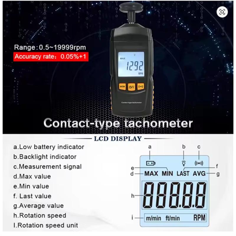 A58X-Digital Handheld Tachometer Contact Type Tach RPM Tester Speedometer For Motors Wide Range 0.5-19999 RPM Measurement