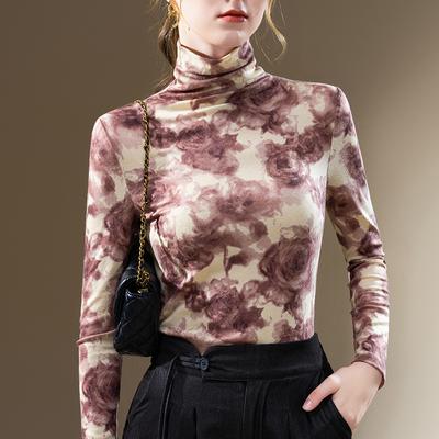 Women's Autumn and Winter High Neck Bottoming Retro Printing Long-sleeved Temperament Within The Waisted Blouse