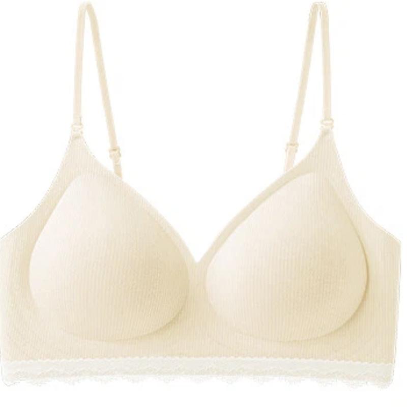 Pink Ribbed Wireless Bra with Lace Trim and 2cm Padded Cups