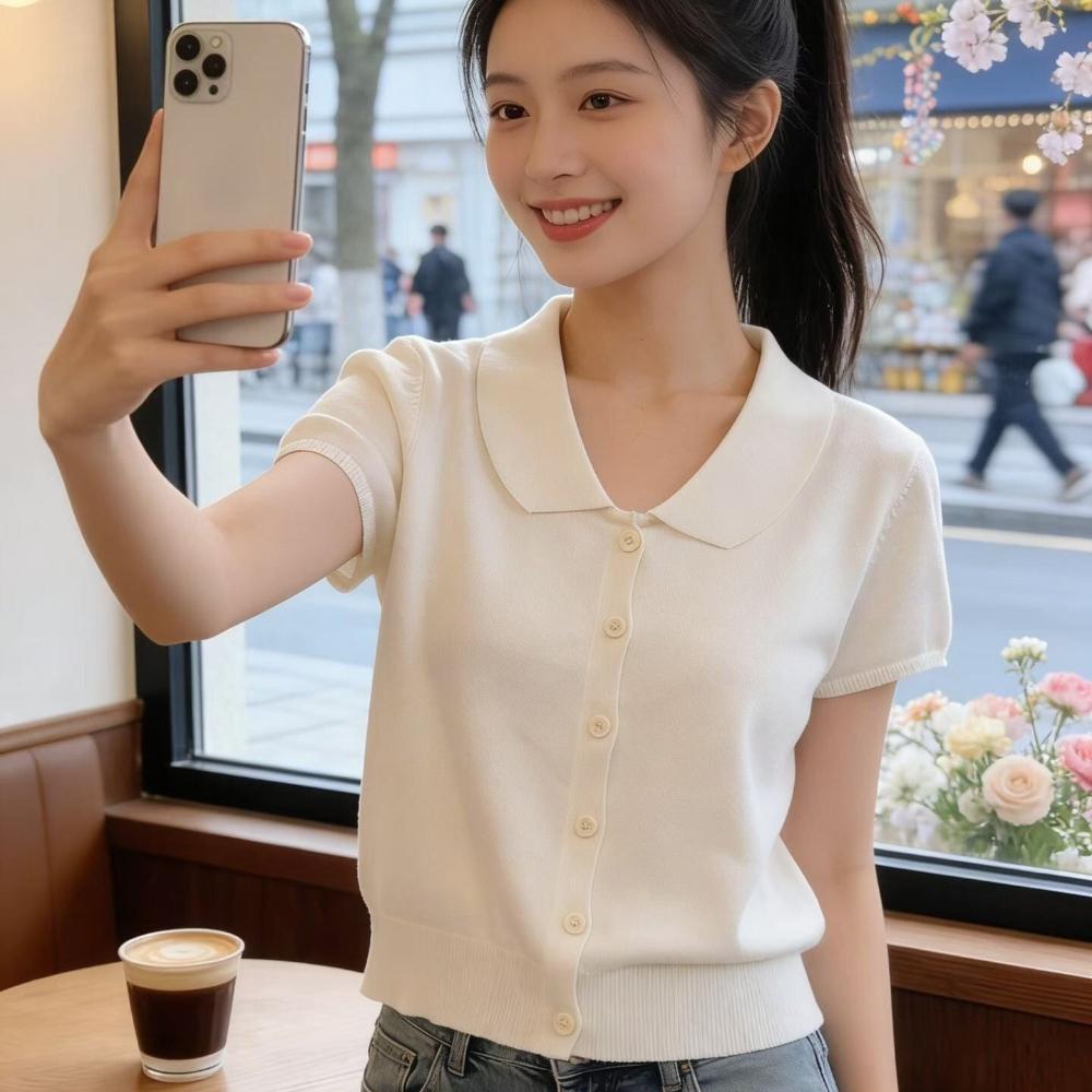 Summer Slim-fit Stylish and Fashionable Design Short-sleeved Top with A Sweet and Youthful Baby Doll Collar and Knitted Short Sleeves for Women
