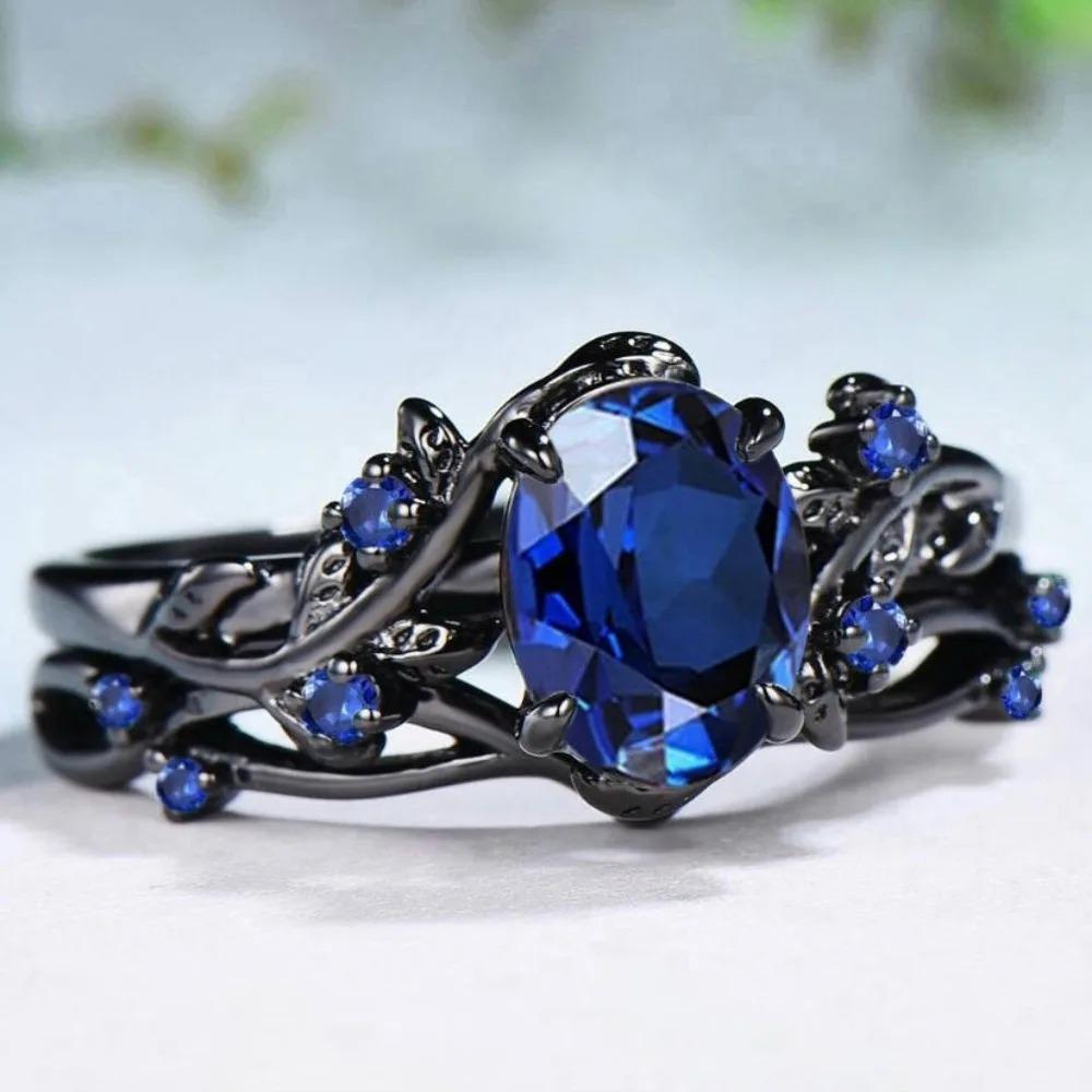 2Pcs/Set Fashion Black Gold Color Blue Rhinestone Zircon Rings For Women Full Crystal Rings Wedding Engagement Jewelry Gifts