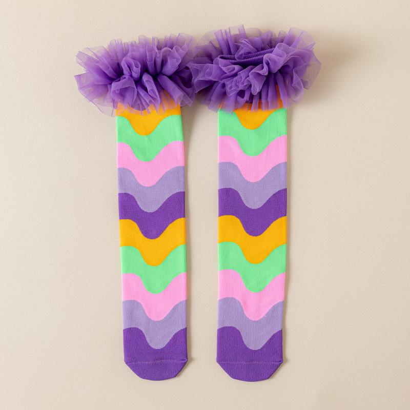 Regenbogenfarbene Patchwork-Mädchenstrümpfe Rüschen Party Kinder Prinzessinnen-Socken Weiche Kinder lange Socken