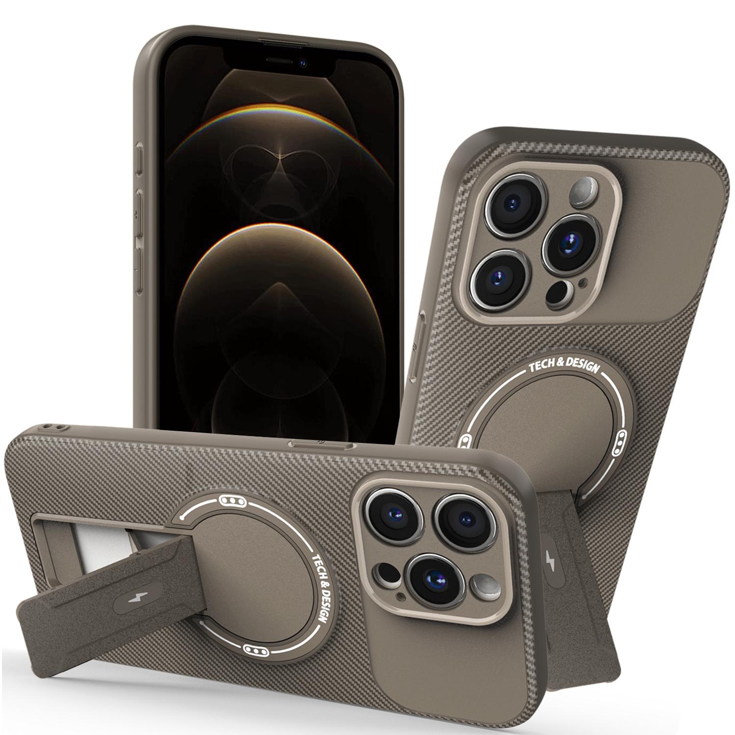 

For iPhone 12 Pro Max Case with Kickstand Carbon Fiber Texture PC+TPU Phone Cover Brown