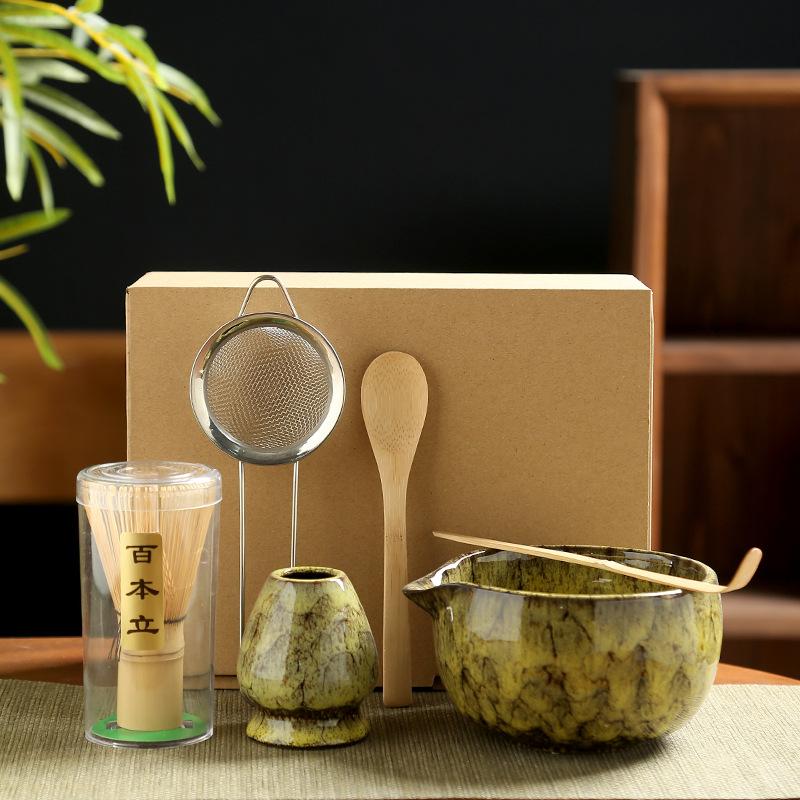 6PCS Matcha Tea Set Ceramic Matcha Bowl Bamboo Whisk Scoop Teaspoon Sifter Vintage Song Dynasty Tea Ceremony Kit