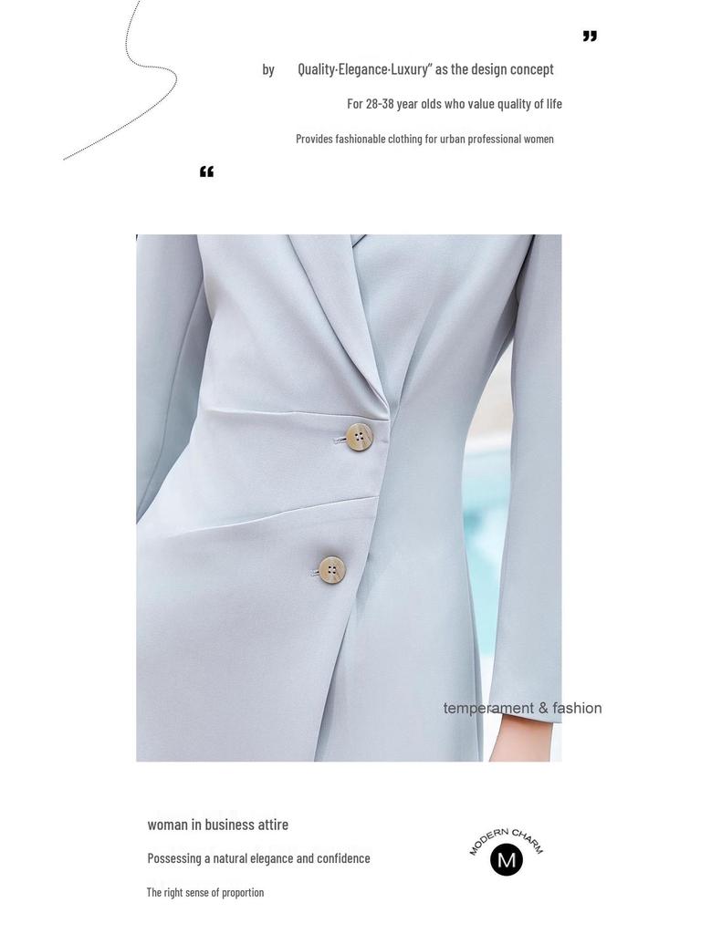 Blue Two-Button Suit Collar Women's Mid-Length Dress - Spring & Autumn Style