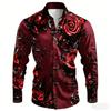 2026 New Men's Shirt with Black Background and Red Rose Print, Slim Fit and No Iron Business Casual Shirt, Versatile Top