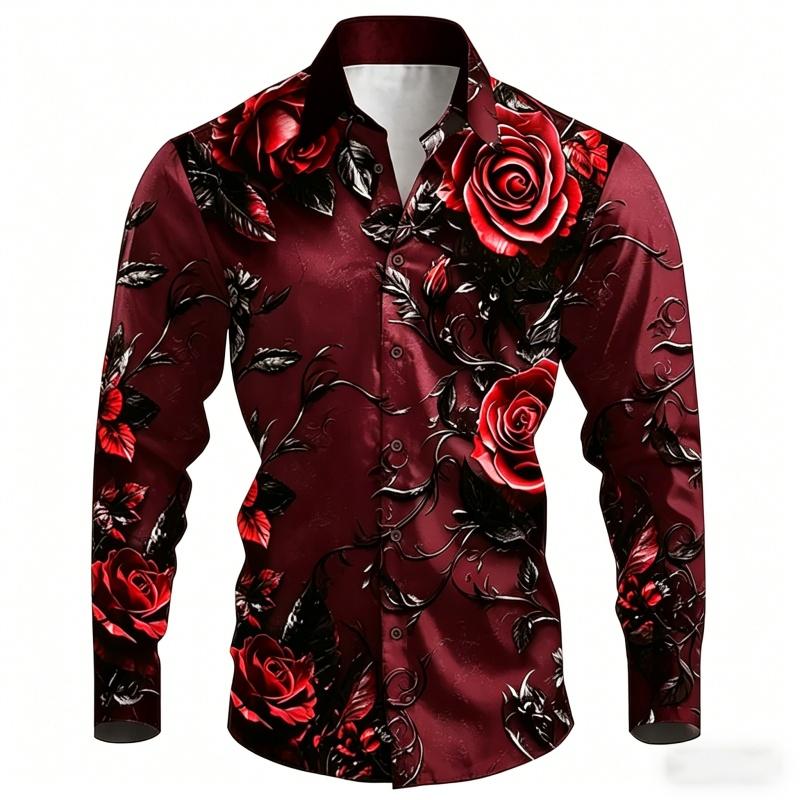 2026 New Men's Shirt with Black Background and Red Rose Print, Slim Fit and No Iron Business Casual Shirt, Versatile Top