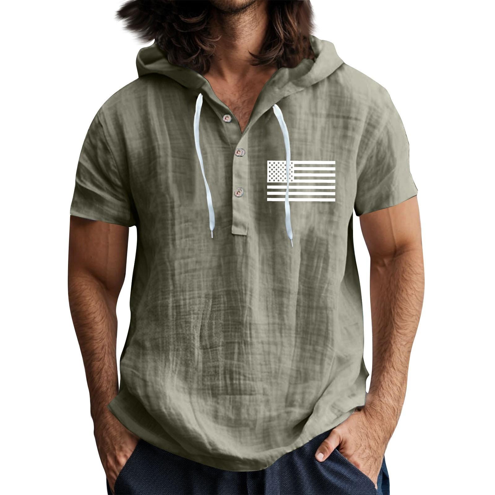 

Мужская повседневная футболка с короткими рукавами, капюшоном и открытым воротом на пуговицах M