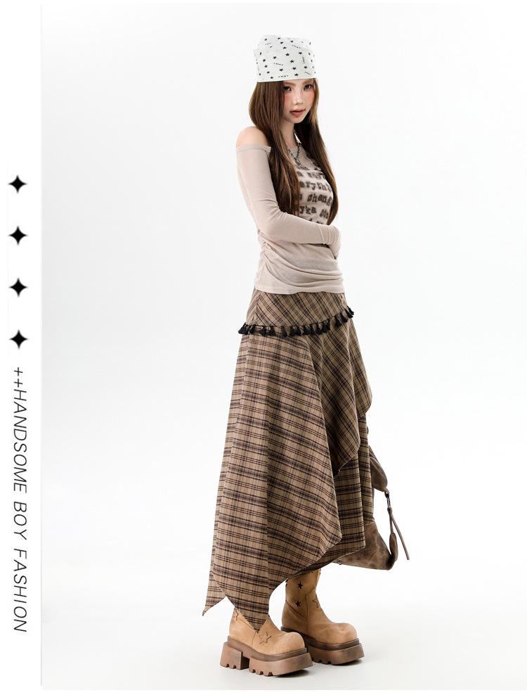 Women's Irregular Plaid Tassel A-line Skirt with Embroidery - High Waist, Slimming Fit, Mid-length for Autumn/Winter