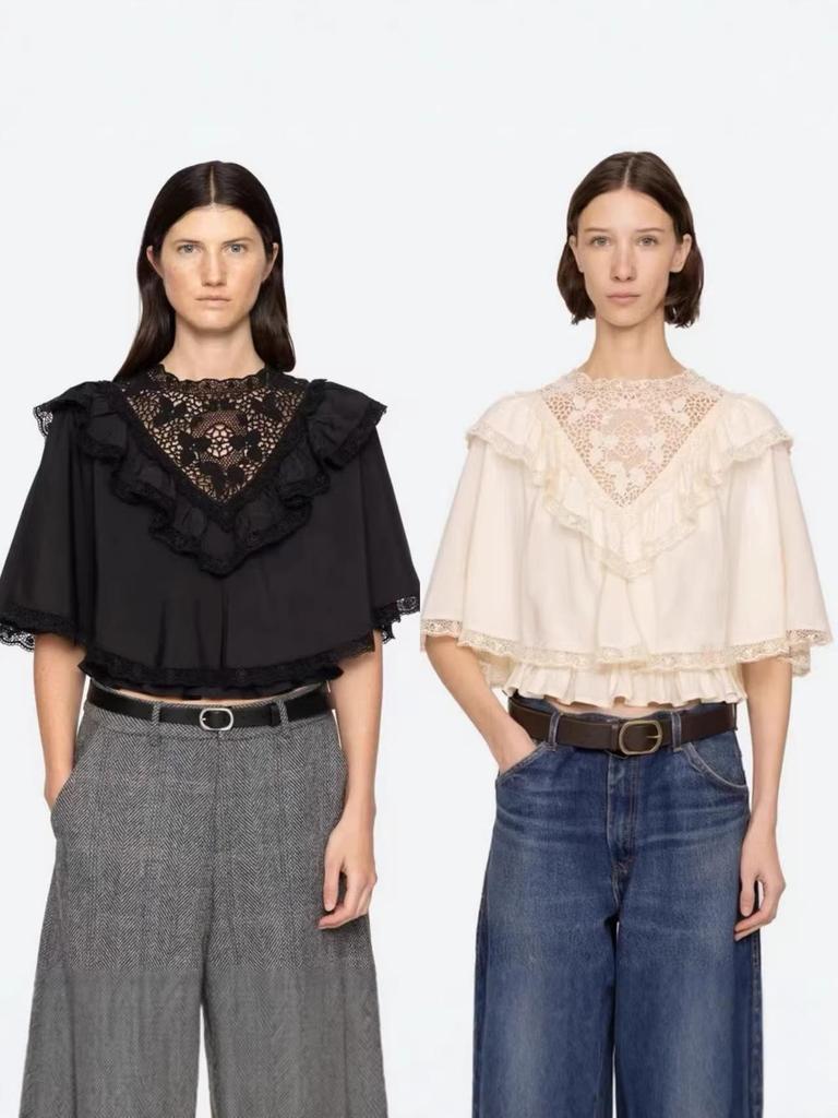 2026 Spring/Summer French Lace Ruffle Cape Top