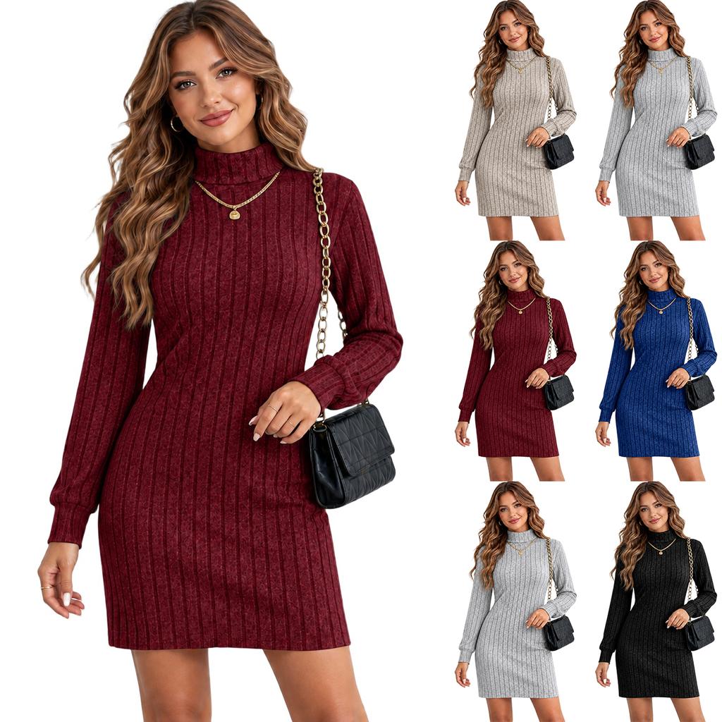 Women's Ribbed Brushed High Neck Long Sleeve Dress for Fall Casual Everyday Wear
