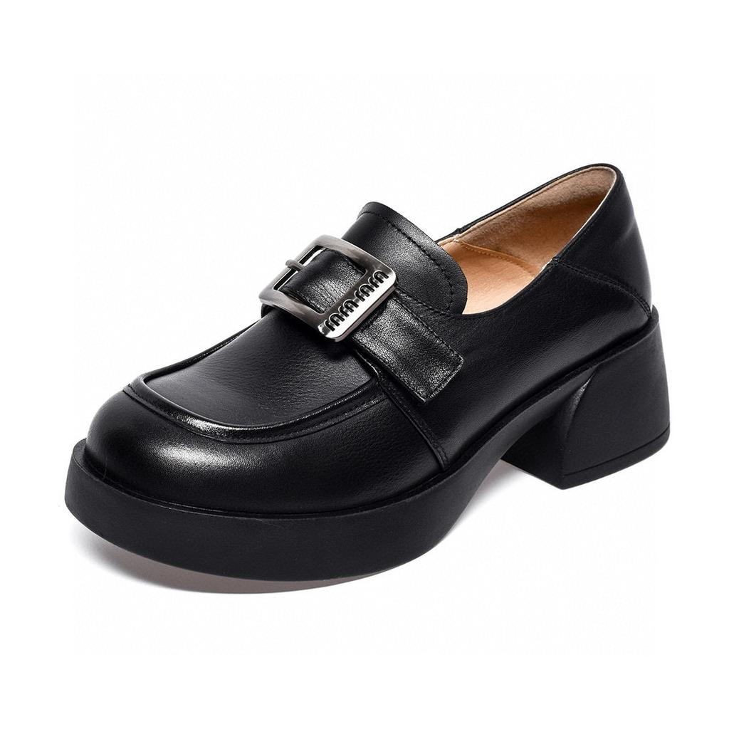 Platform shoes women's spring square buckle thick heel one pedal single shoes first layer cowhide small leather shoes