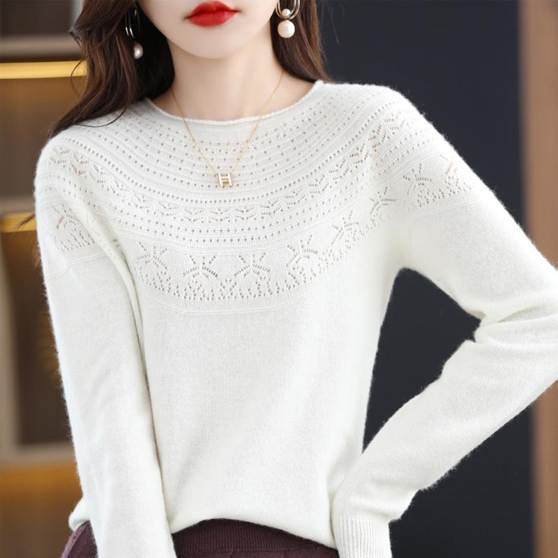 

Женский вязаный свитер из 100% чистой шерсти с круглым вырезом на осень 2024 года - Модный и универсальный Small