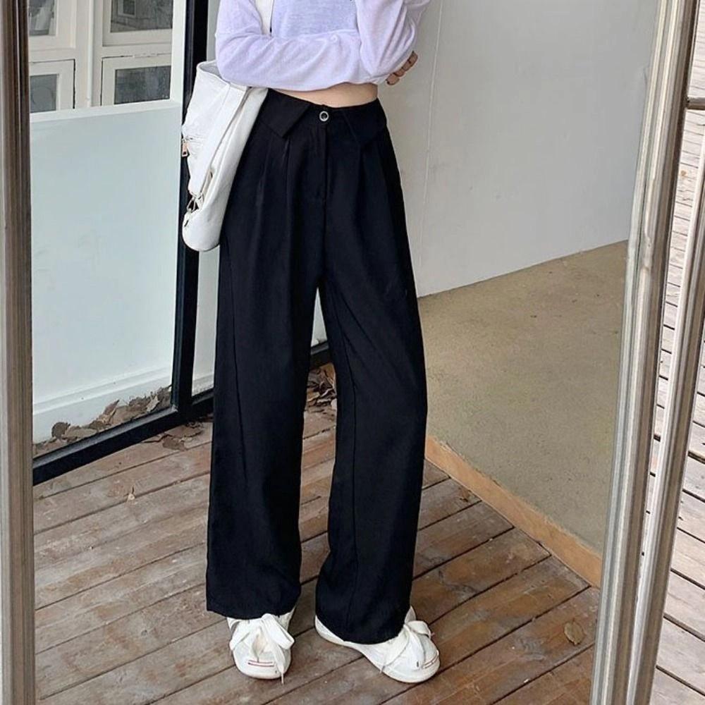 Loose Casual Pants Women Workout Trousers Wide Leg Pants Retro Flip Up Suit Pants  Female