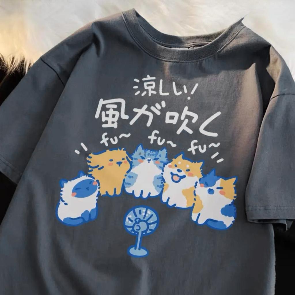 Frauen Baumwolle T-shirts Straße Kreative Blow Fan Katze Druck Tees Sommer Oansatz Lose Tops Mode Lässig Weibliche Kleidung