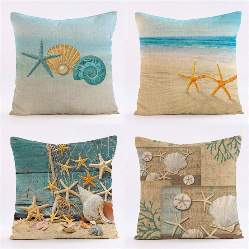 Sofa Pillow Cushion Linen Pillowcase Ocean Shell Series Starfish Pillowcase Car Backrest
