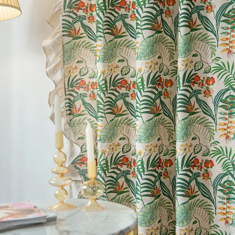 Light Luxury Green Plants Ruffle Edge Curtain Finished Wholesale Bedroom Kitchen Curtain Small Valance Bay Window Hook Curtains