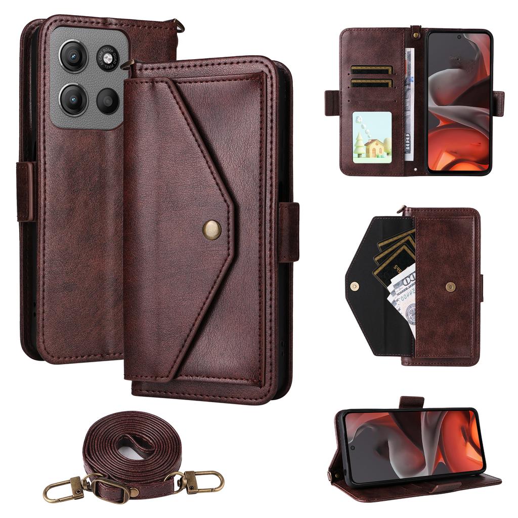 For Motorola Moto G15 Power 4G/G15 4G Leather Case Magnetic Closure Wallet Stand Phone Cover with Crossbody Strap
