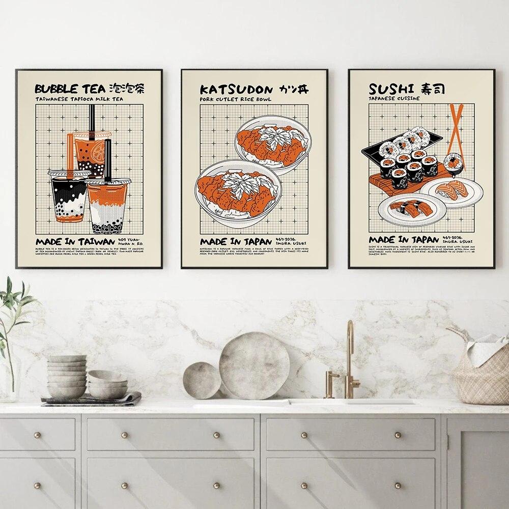 Retro Dim Sum Sushi Sashimi Ramen Wall Art Print Nostalgiczny Japońskie Jedzenie Modny Nowoczesny Wystrój Kuchni Bubble Milk Tea Plakat Bez Ramki