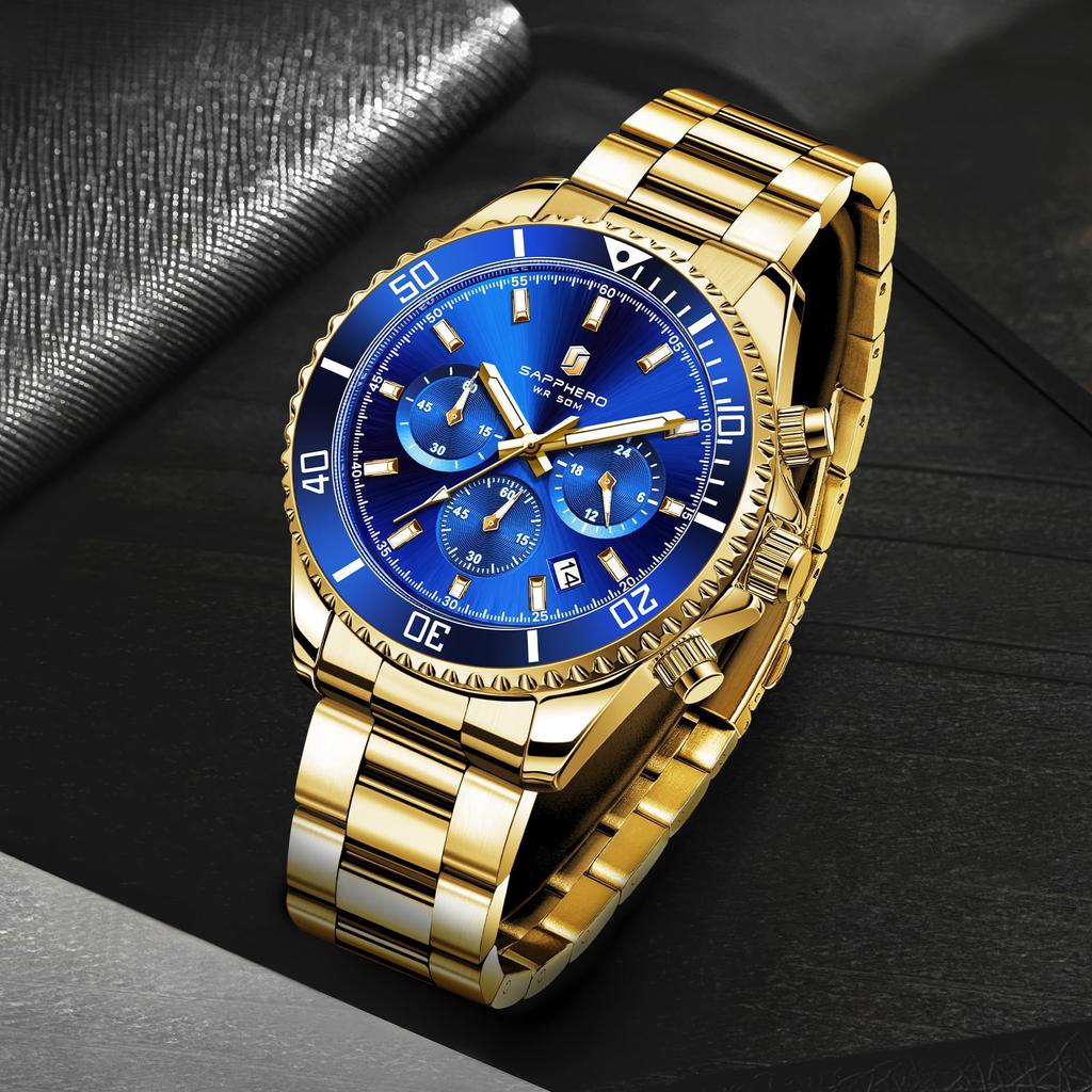 SAPPHERO Analogowy 14 ATM Wodoodporny Lśniący Stal Nierdzewna Mineralne Datownik Złoty Niebieska Tarcza Zegarek Męski, Odporny, Wskazówki, Stal, Szkło, Do Użytku Biznesowego/Na Zewnątrz,