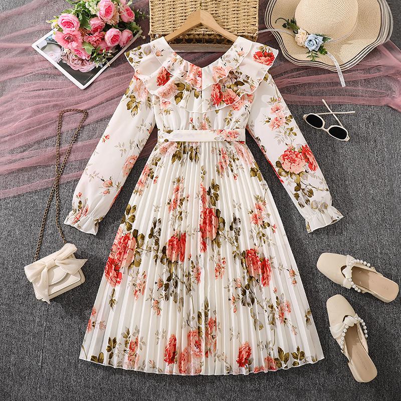 Girl Long Dress Autumn Sweet Floral Long Sleeve Waist-Cinching Slimming Long Dresses For Children