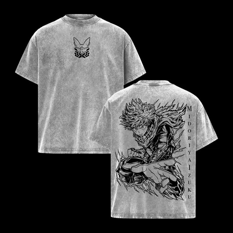

Мидория Изуку Моя геройская академия Одежда Мужчины Женщины Футболки манга Винтажная стирка Футболка Повседневная хлопковая футболка Харадзюку Мужская футболка XXL серый