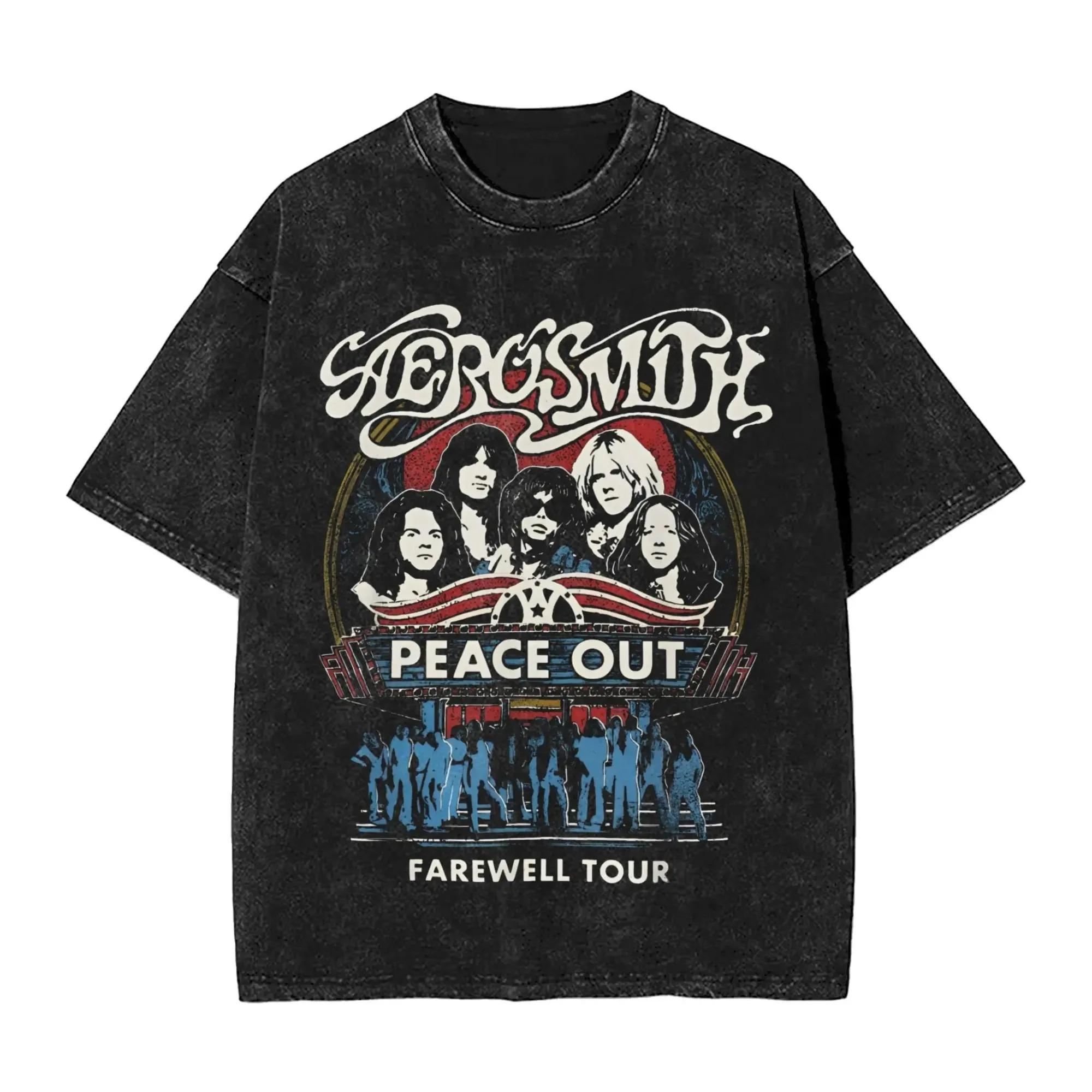 Aerosmith Peace Out Farewell Tour Band Graphic Vintage Washed Distressed Oversized Short Sleeve Casual Rock Music Streetwear T-Shirt L