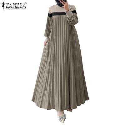 Women Casual Long Sleeve Patchwork Loose Pleated Dress