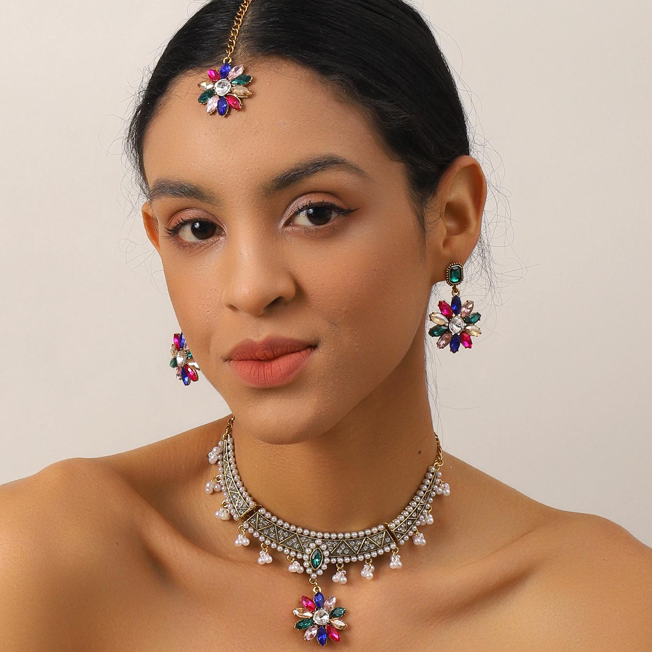 Elegant Pearl Tassel Necklace & Earring Set with Colorful Flower Accents