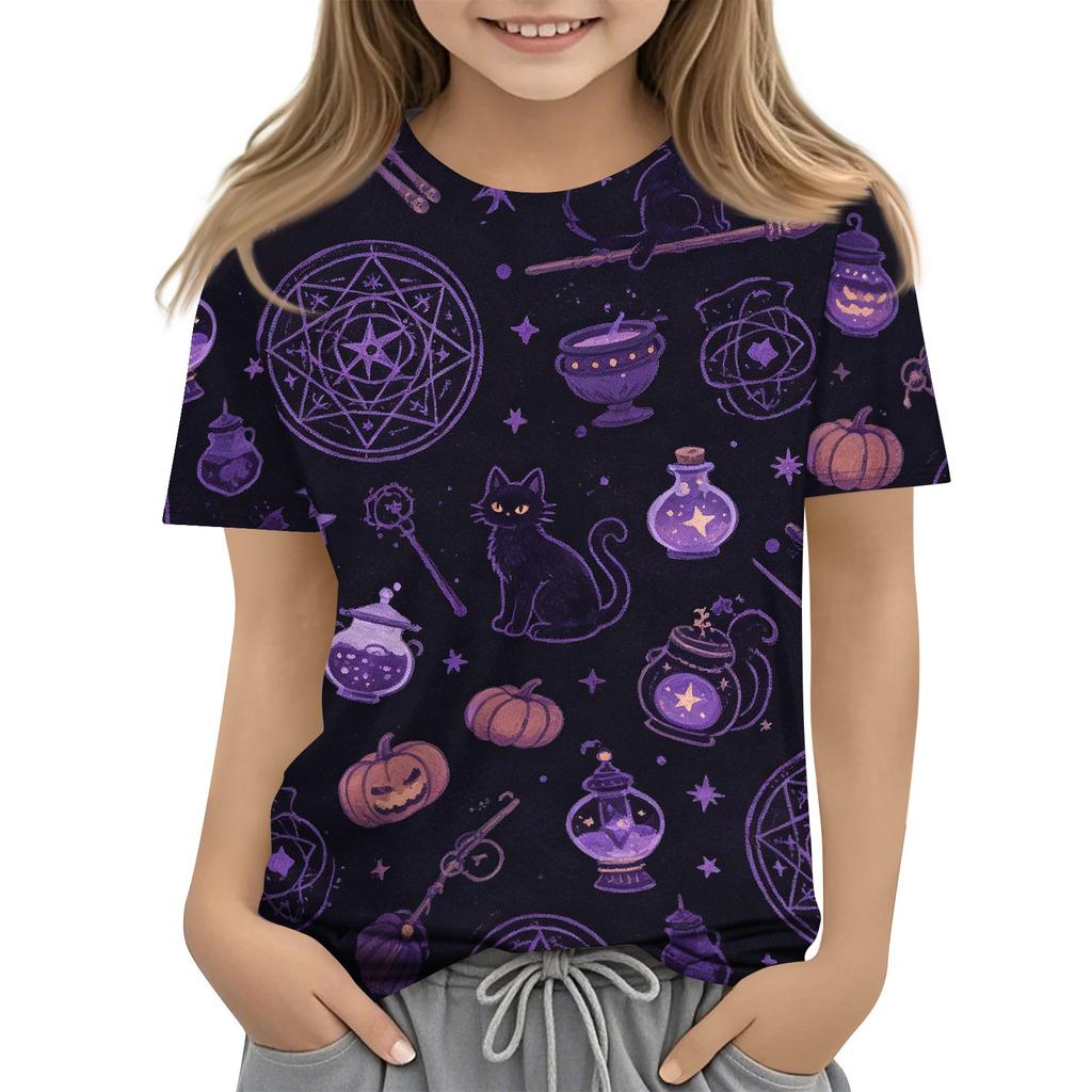 Kids Halloween Printed Short Sleeve T Shirt Casual Round Neck Top Boys Girls Comfortable Fit All Over Pattern Tee