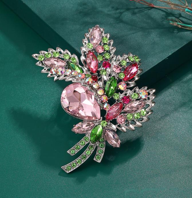 Woman's Vintage Rhinestone Crystal Flower Leaf Pendant Brooch Pin Jewelry Corsage Wedding Gift