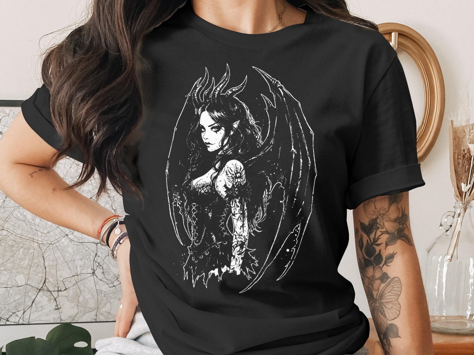 Gothic Demon Girl T-Shirt, Dark Fantasy Witch Occult Aesthetic Shirt, Alternative Style Grunge Clothing, Edgy Vampire Core Gift 3XL