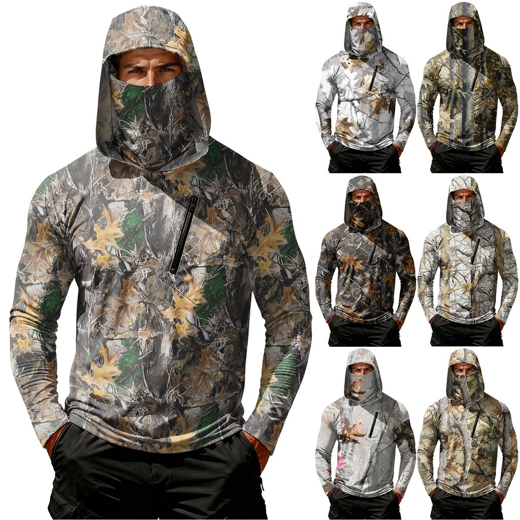 Men's Casual Leaf Camouflage Print Hooded Long Sleeve Sun Protection Shirt Lightweight Breathable Outdoor Pullover Top