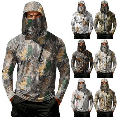 Men's Casual Leaf Camouflage Print Hooded Long Sleeve Sun Protection Shirt Lightweight Breathable Outdoor Pullover Top