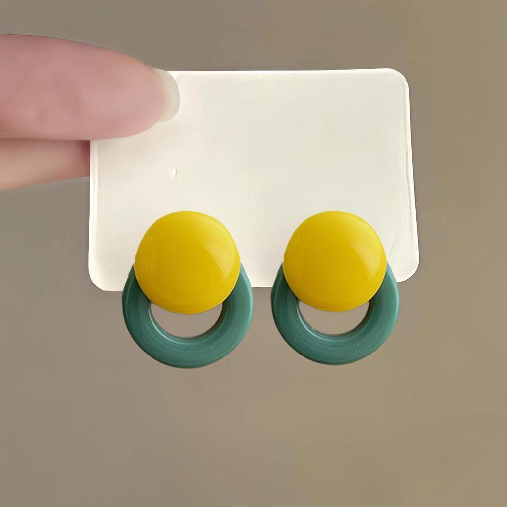 Korean Style Geometric Resin Color Block Stud Earrings - Women's Light Luxury Round Hoops Jewelry