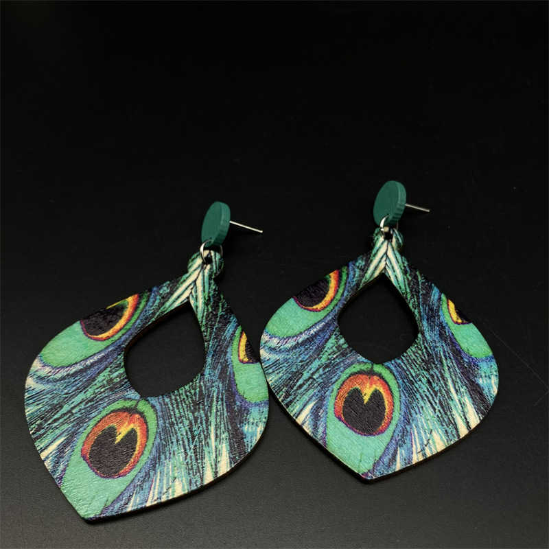 Bohemian Peacock Feather Long Earrings Wooden Earrings Retro Ethnic Style