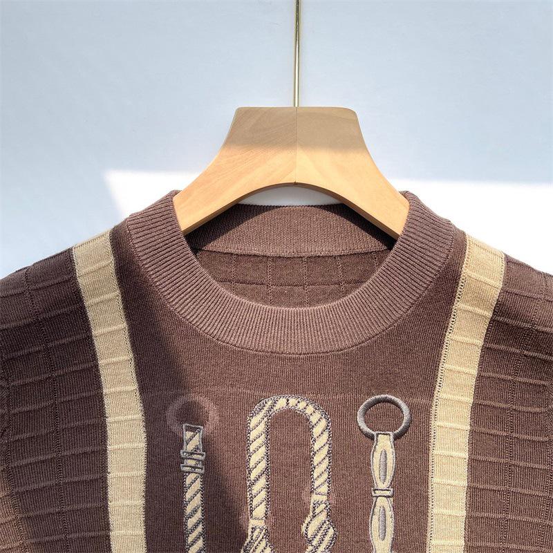 Women's H Brand Age-Reducing Wool Tencel Blend Color Block Round Neck Pullover Sweater