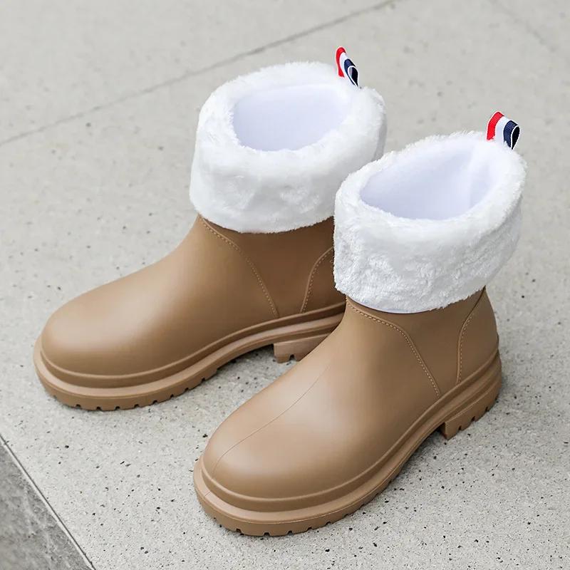 Fashion 2024 New Windproof Rain Boots Women Leather Mid-calf Rainboots Fashion Elastic Band Rain Shoe Ladies Cotton Waterproof Work Boot