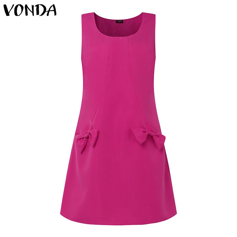 VONDA Women Sleeveless Side Zip-up Bow Knot Casual Mini Dress