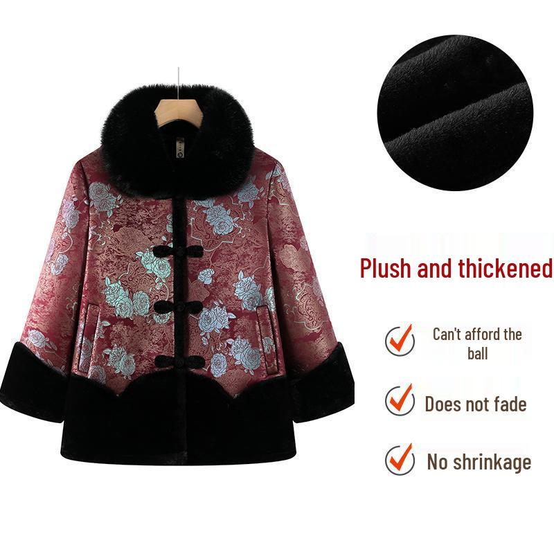 Women's Plus Velvet Thickened Coat for Middle-Aged and Elderly with Faux Fur Lining - Warm Winter Jacket for Grandmother