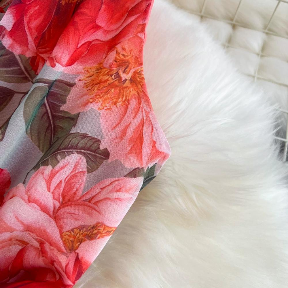 Robe longue style bohème pour femme, col en V, dos nu, taille haute, coupe trapèze, volants, imprimé, vacances en bord de mer