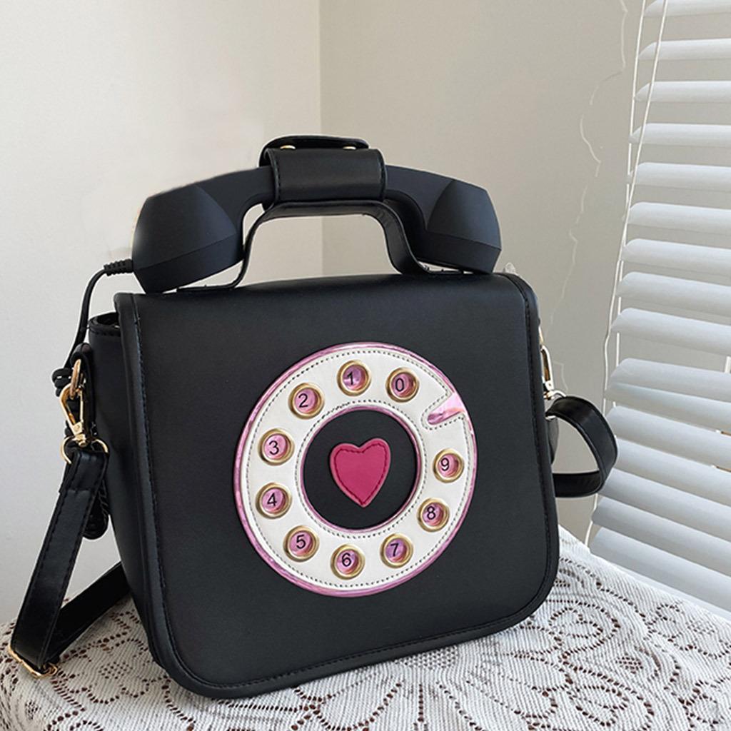 

Cute Telephone Shaped Bag, Fashion Retro Cartoon Purse Adjustable Strap Shoulder Bag Black