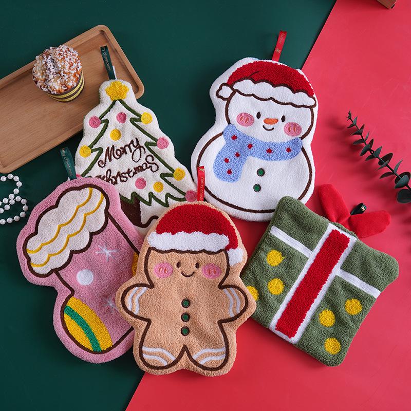 Christmas Shape Hangable Thickened Coral Fleece Hand Towel for Bathroom & Kitchen
