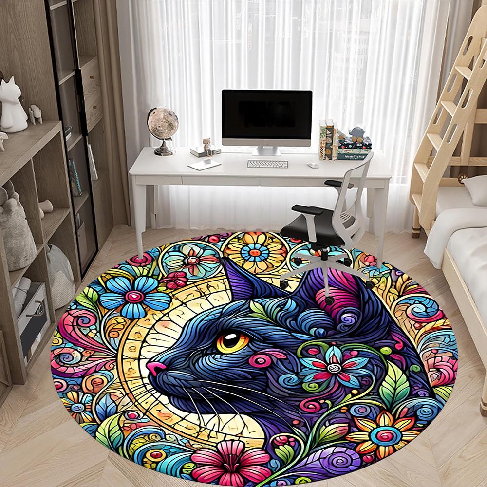 1pc Cat Flowers Office Round Area Rug, Indoor Mat Suitable For Office, Under Office Chairs Bedroom Living Room Home Decor, Room Deco
