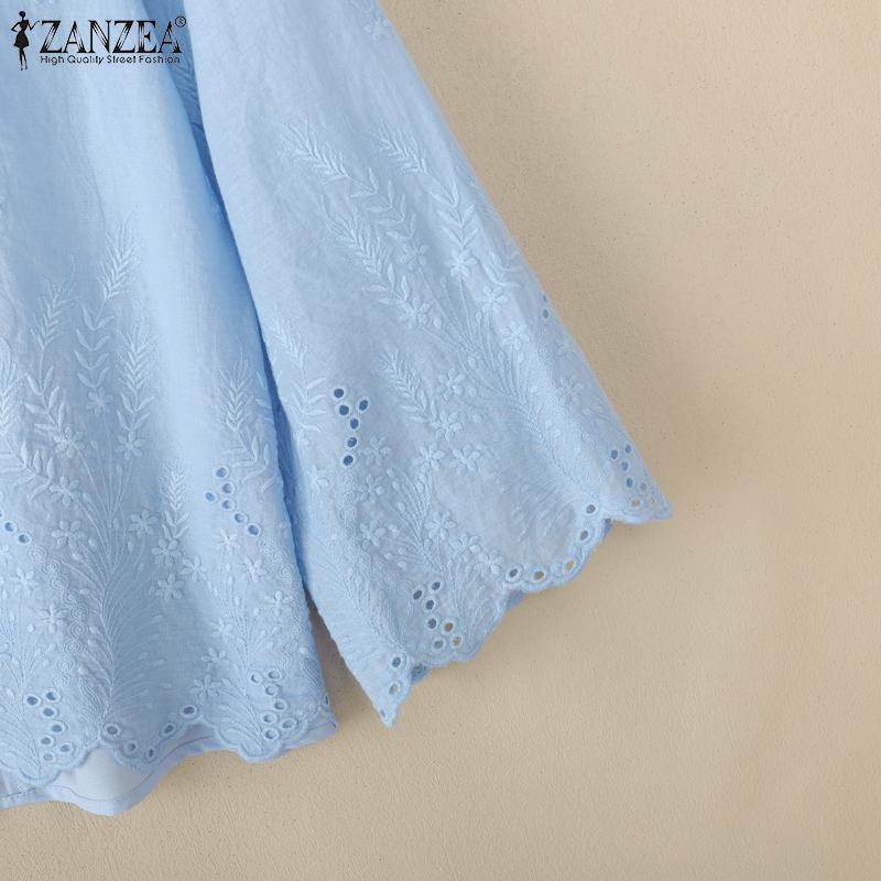 ZANZEA Bluză de damă casual cu broderie, dantelă patchwork, largă, cu gât rotund și mâneci 3/4