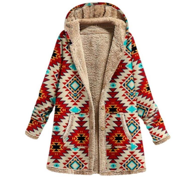 Hooded Jacket Women Plus Size Loose Long Coat Warm Fleece Retro Printed Outwear Pockets