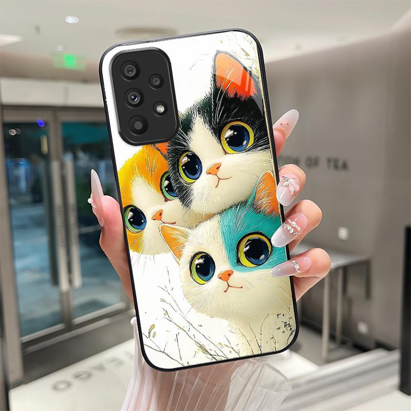 Süße Cartoon-Katzen Blumen Hülle Für Samsung Galaxy A52 A52S A72 4G 5G Gehärtetes Glas Handyhülle Schutzhülle Rückseite Hartschale