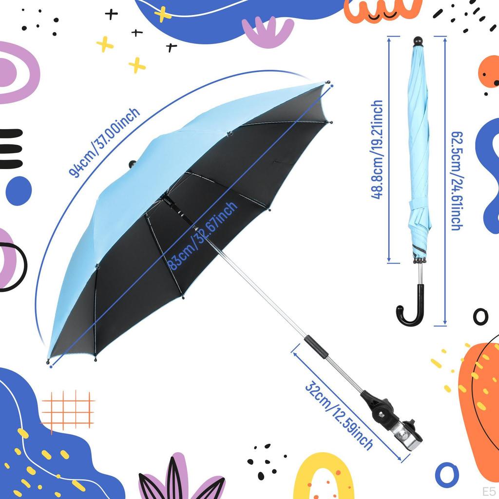 33" Baby Pram Umbrella, Stroller Umbrella with Adjustable Fixing Clamp, Sun Cover for Bike