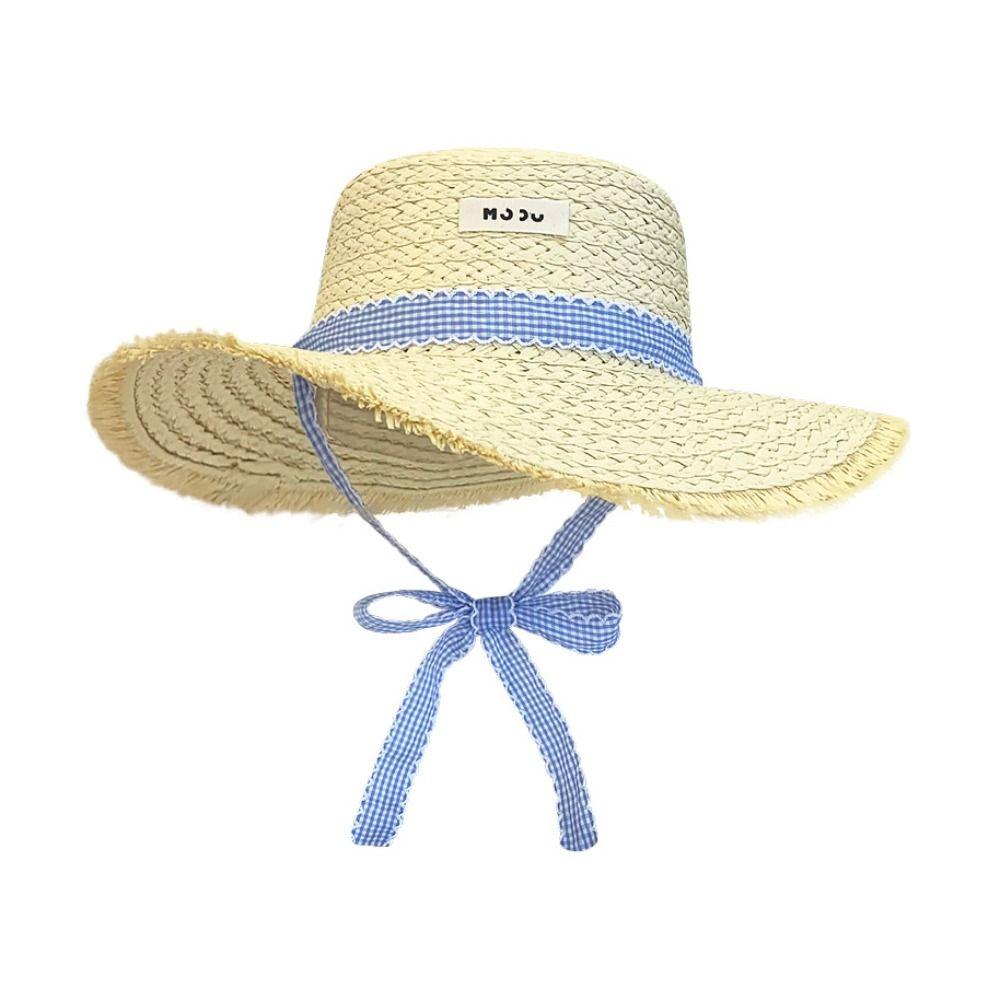 Letter Straw Weave Sun Hat Stripe Bowknot Beach Sun Cap Summer Sunscreen Bucket Hat  Summer