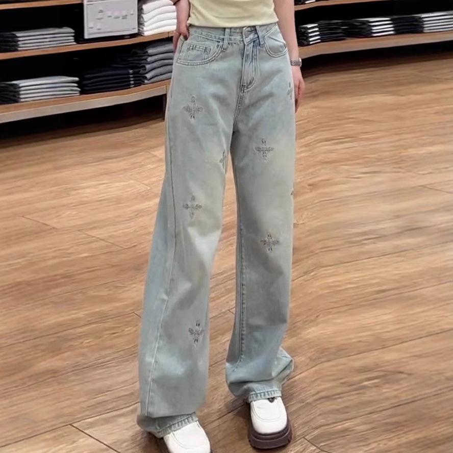 

Women s High-Waist Embroidered Floor-Length Wide-Leg Jeans, Summer 2025 2XL
